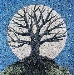 Moon Shadow Mosaic Landscapes, Eggshell Mosaic, Tree Mosaic, Egg Shell Art, Mixed Media Mosaic, Shell Mosaic, Antique Windows, Mosaic Tile Art, Moon Shadow