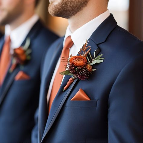 Stunning Navy Blue and Rust Wedding Colors | Discover Tips for a Perfect Palette - Yeah Weddings Navy Blue Wedding Scheme, Dusty Blue And Rust Wedding Flowers, Fall Color Palette Wedding Groomsmen, Fall Wedding Navy Blue Color Combos, Navy Teal Orange Wedding, Rust And Teal Wedding Colors, Rustic Orange And Gold Wedding, Autumn Wedding With Blue, Fall Wedding Colors Navy And Rust