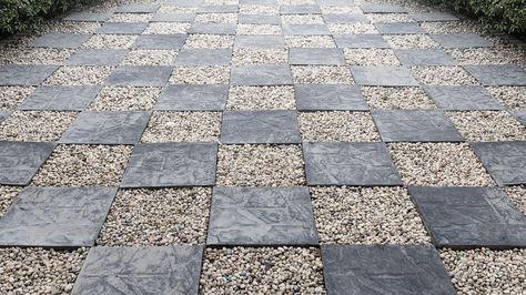 Checkered Landscape Design, Checkerboard Patio Floor, Checkered Paver Walkway, Checkered Pavers Backyard, Checkerboard Pavers, Checkered Patio, Airbnb Decor Ideas, Concrete Yard, Grass Pavers