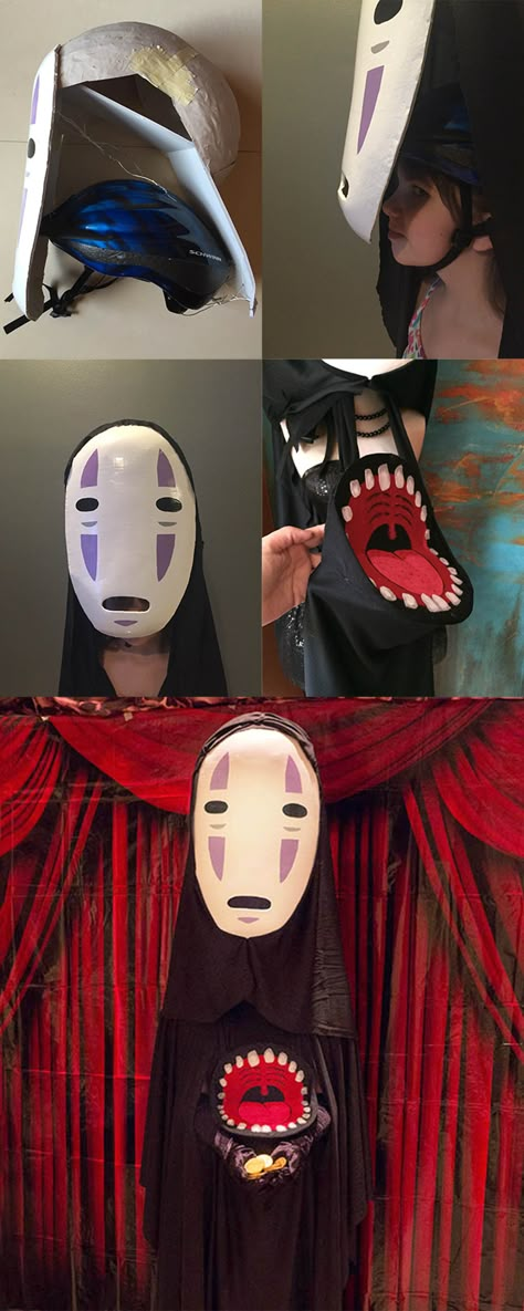 Miyazaki Halloween Costume, Masked Cosplay Ideas, No Face Diy Costume, No Face Halloween Costume, Soot Sprite Costume, Cartoon Cosplay Ideas, Diy Mask Costume, Ghibli Halloween Costumes, Diy Anime Costume