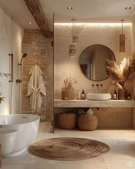 Natural Style Bathroom, Neutral Tones Bathroom, Bad Boho Style, Bathroom Boho Ideas, Scandanavian Interiors Bathrooms, Bathroom Boho Modern, Hygge Bathroom Ideas, Natural Bathroom Ideas, Bad Boho