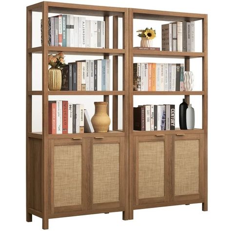 Omni House Rattan 5 Shelf Bookcase Tall Bookself with Storage Cabinet and Doors,Boho Book Shelf with Display Shelves for Living Room Home Office Bedroom(Oak,2PCS) - Walmart.com Shelves Large, Farmhouse Bookcases, Bookcase With Doors, Large Bookshelves, Tall Bookshelves, Tall Bookcase, Open Bookshelves, 5 Shelf Bookcase, Freestanding Storage