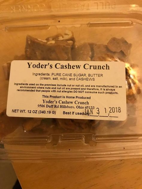 By Kevin Williams I had seen the signs in rural Highland County before, small, nondescript signs pointing the way to Yoder’s Famous Cashew Crunch.  Mmmmm, that sounded good.  The signs led the way to a small Amish bent and dent shop on Duff Road.  The first time I tried, it was on a Thursday and … Amish Cashew Crunch Recipe, Cashew Crunch Recipe, Amish Desserts, Amish Dishes, Popcorn Marshmallow, Peanut Butter Ganache, Cashew Crunch, Amish Bakery, Cashew Brittle