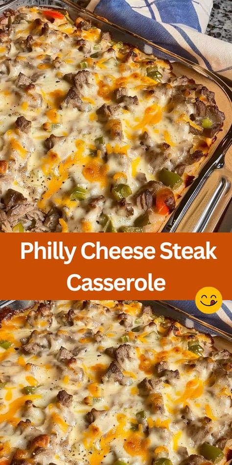 Craving a delicious twist on a classic Philly Cheese Steak? Try this easy and hearty Philly Cheese Steak Casserole! Packed with lean ground beef, bell peppers, onions, garlic, and topped with melted provolone cheese, this savory dish is perfect for family dinners or meal prep. Baked to perfection with a creamy egg mixture, this casserole is a flavorful and comforting one-dish meal that will satisfy everyone's taste buds. Meals With Provolone Cheese, Baked Philly Cheese Steak Casserole, Ground Chicken Recipes Healthy Meal Prep, Crockpot Philly Cheese Steak Casserole, Philly Cheese Steak With Ground Beef, Ground Beef Cheese Steak, Philly Cheese Casserole, Philly Cheesesteak Ground Beef, Ground Beef Philly Cheese Steak