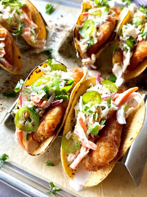 Baja Crispy Fish Tacos - The Menu Maid Codfish Tacos, Sea Bass Tacos, Best Fish Tacos Recipe, Breaded Fish Tacos, Best Fish Tacos, Baja Fish Tacos Recipe, Crispy Fish Tacos, Fish Stick Tacos, Basa Fish Tacos