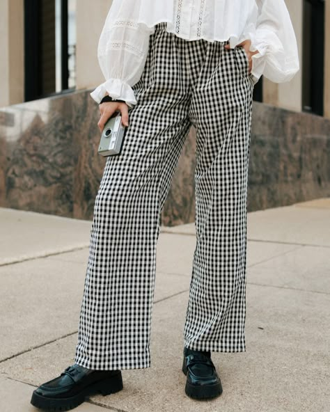 Fall is for the Retro Aesthetic Lovers 🖤 This blouse and checkered pants, are the perfect combo to exude vintage charm ✨ #boutiqueshopping #boutiquefashion #midwestfashion #fashion #fallfashion #shopsmall #localboutique #clothingboutique #illinoisboutique #effingham #shopRTB #midwestfashion #illinoisfashion #pinterestgirl #clothinginspo #fashioninspo #vintagefashion #fallootd #falloutfitinspo #checkeredpants Black And White Checkered Pants Outfit, Gingham Pants Outfit, Checkered Pants Outfit, Aesthetic Lovers, What Do I Want, Gingham Pants, Checkered Pants, Vintage Knitwear, Church Outfit