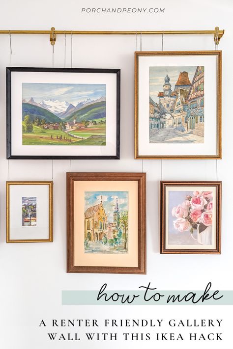 Create a renter and budget friendly gallery wall with this simple Ikea hack. Blend with vintage frames and art for a collected look | Ikea Hacks | Ikea | Gallery | Gallery Wall | Gallery Wall Ideas | Gallery Wall Layout | Gallery Wall Living Room | Rental Decorating | Rental Home Decorating | Renter Friendly Decorating | Renter Hacks Apartment | Rental Friendly Ideas | Budget Decor | Picture Rail | Picture Rail Living Room | Picture Rail Hanging Wain Scoting Wall, Ikea Art Wall, Home Office Renter Friendly, Renter Friendly Photo Wall, Picture Wall Apartment, Bedroom Hallway Wall Decor, Renter Friendly Home Office, Renter Friendly Ikea Hacks, Diy Wall Framing