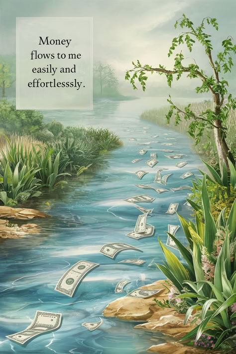 A tranquil river flowing through a lush landscape with dollar bills floating on the water, symbolizing the effortless flow of money. Money Flowing Images, Abundance Money Images, Wealth Manifestation Aesthetic, Money Flow Aesthetic, Money Flowing To Me, Money And Finance, Abundance Images Wealth, 20k Monthly Income, Pictures Of Money Wealth