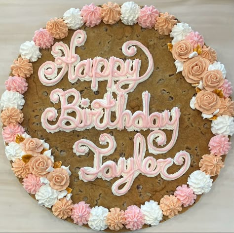 Preppy Birthday Cookie Cake, Cookie Cake Inspo Birthday, Boho Cookie Cake, Pretty Cookie Cake, Girly Cookie Cake, 18th Birthday Cookie Cake, Happy Birthday Cookie Cake Designs, Decorated Cookie Cake Birthday, Preppy Cookie Cake