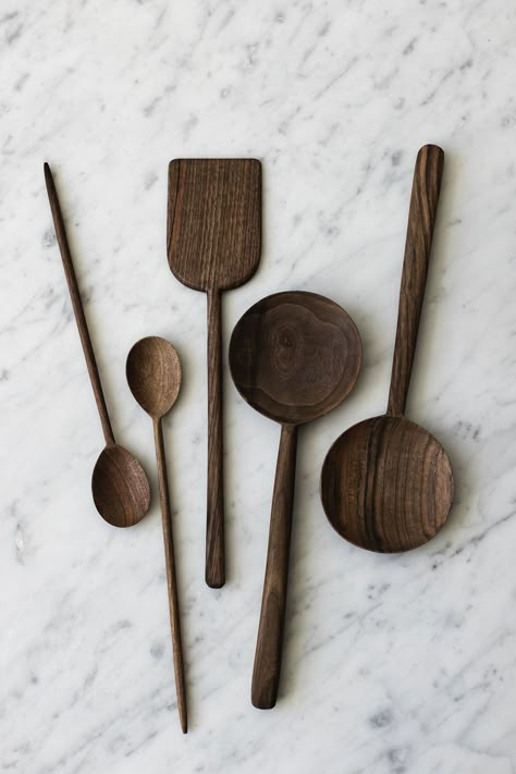 Walnut Cooking Utensils — Sunday Shop Wooden Kitchen Utensils, Wood Stains, Cooking Tool, Dark Wood Stain, Wooden Utensils, Wooden Kitchen, Utensil Set, Wooden Spoons, Kitchen Style