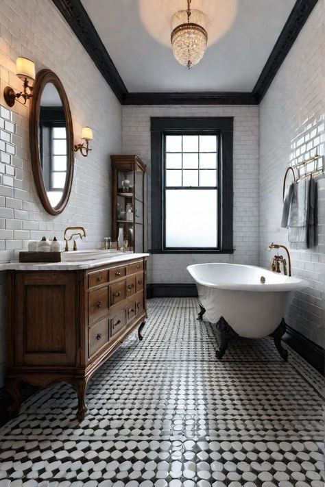 French Tiles Bathroom, Vintage Penny Tile Bathroom Floor, 1920s Inspired Bathroom, Vintage Goth Bathroom, Bathroom 1920s Style, Vintage Cottage Bathroom Ideas, Vintage Bathrooms Ideas, Bathroom With Clawfoot Tub Ideas, Bathroom French Style