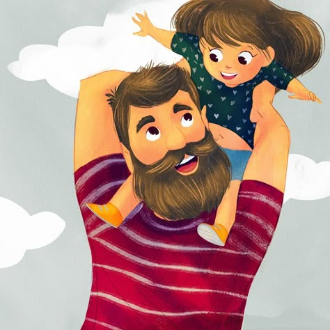 Cute illustration of a father hoisting his daughter over his shoulders. #fathersday #kidlit #childrensbook #childrensbookillustration #kidlitart #childrensbookillustrator Father Art Illustration, Dads Birthday Card Ideas, Father Daughter Illustration, Father And Daughter Cartoon, Father And Two Daughters Drawing, Father And Daughter Illustration, Father Drawing, Father Daughter Illustration Art, Father And Son Illustration