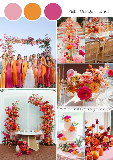 20 Spring & Summer Wedding Color Trends 2025 - Daisy Sage Pink Orange Fall Wedding, Sunset Colors Wedding Aesthetic, Wedding Color Schemes Colorful, Summer Color Schemes Wedding, Pink Orange Wedding Theme, Burnt Orange And Pink Wedding, Orange And Pink Wedding Theme, Pink And Orange Flower Arrangements, Orange And Hot Pink Wedding