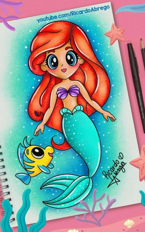 Mermaid Drawings Easy, Mermaid Cartoon Drawing, Mermaid Drawing For Kids, Easy Disney Nails, Draw Sea Animals, Sketches Book, Draw Sea, Easy Disney Drawings, Disney Drawings Sketches