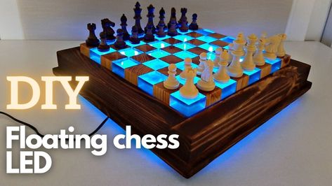 Wood Projects With Epoxy, Diy Resin And Wood Chess Board, Floating Chess Board, Diy Chess Board Table, Chess Board Table Diy, Wood And Epoxy Chess Board, Craft Show Wood Projects, Wood And Resin Chess Board, Epoxy Chess Set