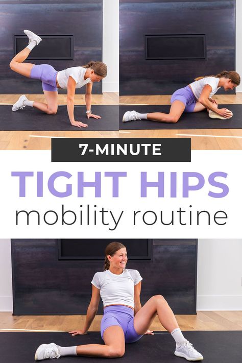 Release tight hips with this guided routine - the best hip mobility exercises for strong, pain-free hips. Increase flexibility and range of motion, reduce muscle tightness and pain, and improve athletic performance with this quick hip mobility routine. This guided mobility routine is a combination of the best hip stretches and hip strengthening exercises. Both releasing tight muscles, and strengthening the small stabilizing muscles surrounding the hips. Best Hip Stretches For Women, Best Hip Flexor Stretches, Daily Hip Stretches, Small Muscle Exercises, Right Hip Stretches, Daily Hip Mobility, Locked Hip Stretch, Mobility Exercises Hip, Hip Mobility For Runners