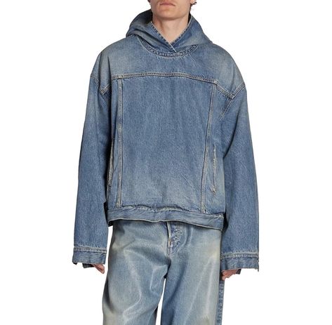 Denim Hoodie, Concept Clothing, Long Sleeve Pullover, Denim Button Up, Hooded Jacket, Outfit Sets, Button Up Shirts, Balenciaga, Denim Shorts