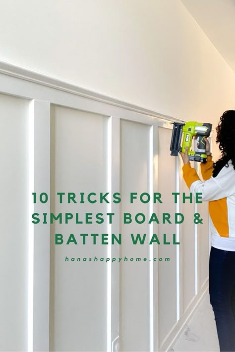 10 steps for the prefect DIY board and batten accent wall. This is a perfect project that even a beginner can learn with this tutorial Diy Batten Board Wall Entryway, How Tall To Make Board And Batten, Board And Batten Diy Bedroom, How To Put Up Board And Batten, Diy Board Batten Wall, Board And Batten Wall With Existing Trim, Affordable Board And Batten, Board And Batten Wall Simple, Board And Batten Wall Wallpaper Above