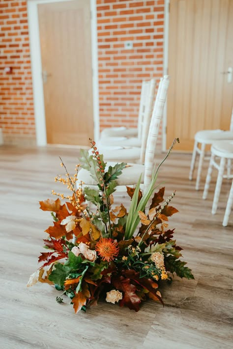 Burnt orange wedding flowers line the aisle of Reymerston Hall wedding venue Terracotta Aisle Flowers, Fall Wedding Aisle Flowers, Fall Aisle Flowers, Autumn Foliage Wedding, Burnt Orange Wedding Flowers, Fall Wedding Aisle, Burnt Orange Flowers, Disco Ball Decor, Burnt Orange Wedding