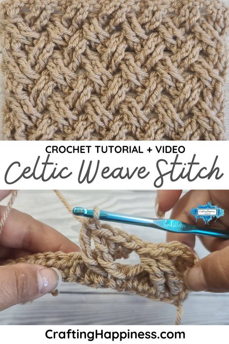 Learn how to crochet the Celtic Weave Stitch, free step-by-step tutorial & video by Crafting Happiness. Easy crochet tutorial for beginners. Celtic Cable Stitch Crochet, Crochet Celtic Stitch, Celtic Weave Stitch Crochet, Celtic Knot Crochet Pattern, Celtic Cable Crochet Pattern, Crochet Celtic Weave Stitch, Crochet Weave Stitch, Celtic Weave Crochet Pattern, Celtic Crochet Patterns Free