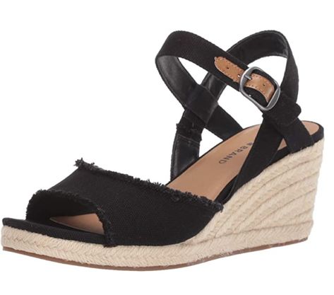 Textile and Synthetic  Imported  Synthetic sole  Heel measures approximately 3 inches"  Platform measures approximately 0.5 inches  memory foam insole  canvas upper wedge Espadrilles Chanel, Cheap Black Wedge Sandals With 4-inch Heel, Black Espadrille-style Wedge Sandals With Platform, Black Wedge Sandals With 4-inch Heel For Summer, Synthetic Slip-on Wedge Sandals With Textured Sole, Sandal Online, Lucky Brand Shoes, Espadrille Wedge, Black Wedge Sandals