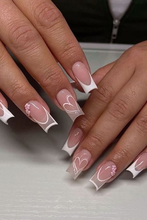 Nail Designs Anniversary, Nails Acrylic With Heart Design, Acrylic Nails With Love Heart, Nail Designs With A T Initial, Open Heart Nail Design, Nail Ideas With Leaves, Short Anniversary Nails, Anniversary Nail Designs Love, Valentines Day Nails Bf Initial