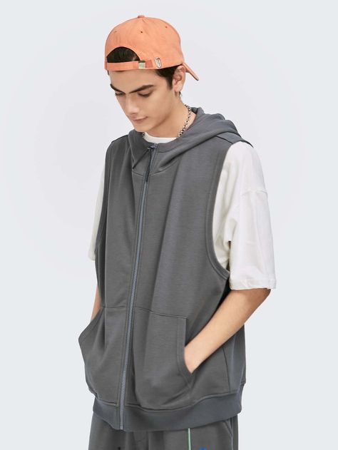 Dark Grey Casual  Sleeveless Cotton Plain Zip Up  Slight Stretch Spring/Fall Men Hoodies & Sweatshirts Sleeveless Hoodie Men, Hoodie Outfit Men, Basic Clothing, Men Hoodies, Mens Windbreaker, Sleeveless Hoodie, Hoodie Men, Hoodie Outfit, Fashion People