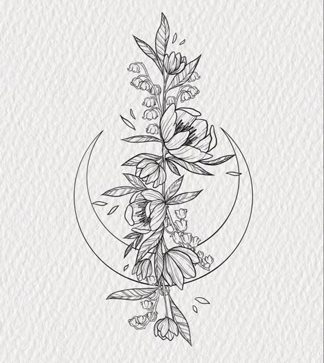 Moon tattoo inspiration lily of the valley art Whole Back Tattoo, Tiny Tats, Peonies Tattoo, Therapy Office, Work Art, Elegant Tattoos, Line Work, 자수 디자인, Black Work