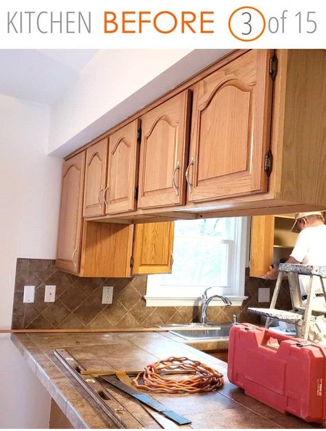 Kitchen Peninsula With Cabinets Above, Upper Cabinets Over Peninsula, Cabinet Painting Before And After, Remove Kitchen Cabinets Diy Open Shelves, Before And After Kitchen Hardware, Hardware For Wood Kitchen Cabinets, Remodel Old Kitchen Cabinets, Painting Kitchen Cabinets Before After, Mismatch Kitchen Cabinet