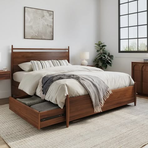 Lenia Panel Walnut Queen Storage Bed | Article Modern Storage Beds, Brown Bed Frame, Walnut Bed Frame, Mid Century Modern Bedroom Furniture, Mid Century Modern Storage, Walnut Bedroom Furniture, Walnut Bedroom, Mid Century Bed, Mid Century Modern Bed