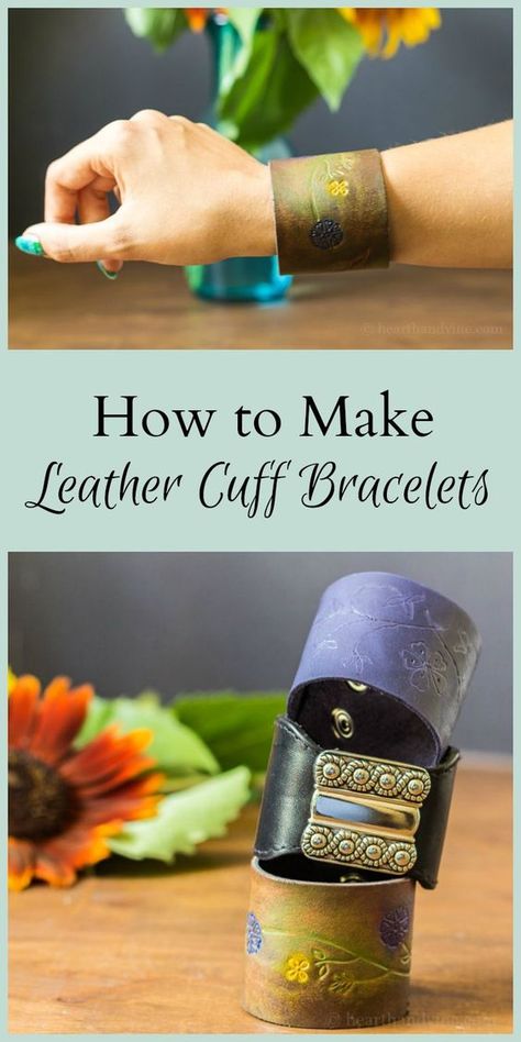 DIY leather bracelets is a fun tutorial that shows you how to make stylish leather cuffs from old belts and pieces of leather, paints and a dremel tool. Bracelet En Cuir Diy, Leather Cuff Bracelet Diy, Cuff Bracelets Diy, Leather Bracelet Tutorial, Leather Cuff Bracelets, Leather Tutorial, Diy En Cuir, How To Make Leather, Jewelry Making Business