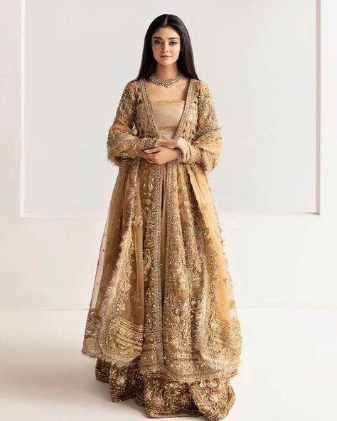 Inbox us to order ✉📬 Or contact 📞 +923074745633 📞☎ (WhatsApp ✔) Brown Nikkah Dress, Champagne Bridal Dress, Pakistani Bridal Outfits, Sequinned Dress, Desi Wedding Dresses, Lehnga Dress, Latest Bridal Dresses, Pakistani Wedding Outfits, Pakistani Fancy Dresses