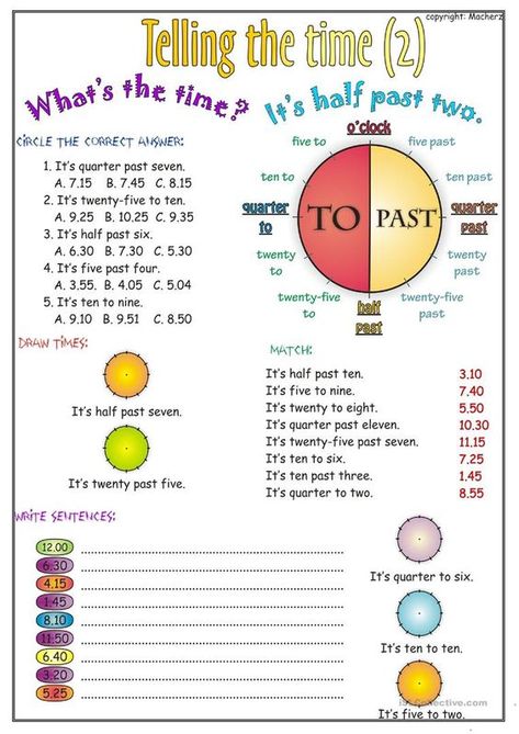 Here is a useful worksheet for practicing telling the time in English. Telling Time In English, Telling Time Practice, Telling Time Worksheets, English Time, English Worksheet, English Exercises, Time Worksheets, Teaching Time, Learning Time