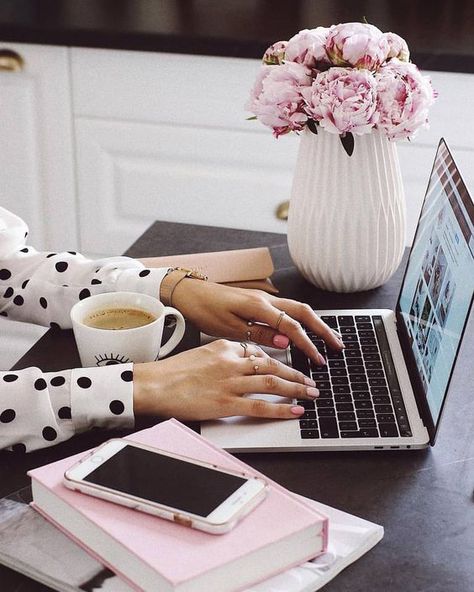 Cup Of Coffee, Laptop, Coffee, Flowers, Pink