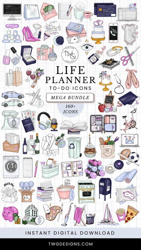 The ultimate bundle of to-do icons for your life planner! Includes over 100 icons in a variety of styles, so you can find the perfect ones to match your planner. Perfect for staying organized and productive.

Use these icons in your:

 BuJo
 Google Calendar
 Planner
 Bullet Journal
 Planner stickers
 Planner stamps
 And Work Planner Stickers, Medicine Stickers Free Printable, Planner Icon Aesthetic, Canva Planner Ideas, Work Stickers For Planner, Gym Stickers Printable, Digital Planner Stickers Free Goodnotes, Twg Designs, Cute Calendar Template