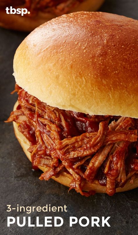 You only need three ingredients to make this moist, flavorful pulled pork that can be prepped in just minutes and then cooked in your slow cooker. Put on a hamburger bun for a pulled pork sandwich, or used in a taco, you can't go wrong with this easy recipe. 3 Ingredient Pulled Pork, Sweet And Sour Pork Recipe, Pork Crockpot Recipes, Slow Cooker Pulled Pork, Slow Cooked Meals, Pulled Pork Recipes, Pork Sandwich, Crockpot Pork, Pork Recipe