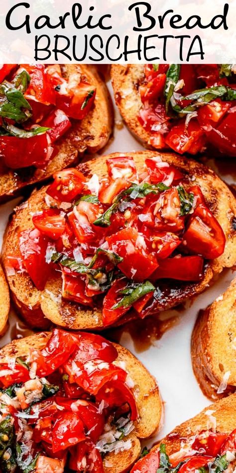 Easy Garlic Bread Bruschetta Garlic Bread Bruschetta Recipe, Ciabatta Bread With Tomato, Tomato Garlic Toast, Brushetta Recipe Bread, Roasted Bruschetta Recipe, Tomato Basil Toast, Baked Bruschetta Dip, Garlic Bread Bruschetta, Tomato Bruschetta With Garlic And Basil