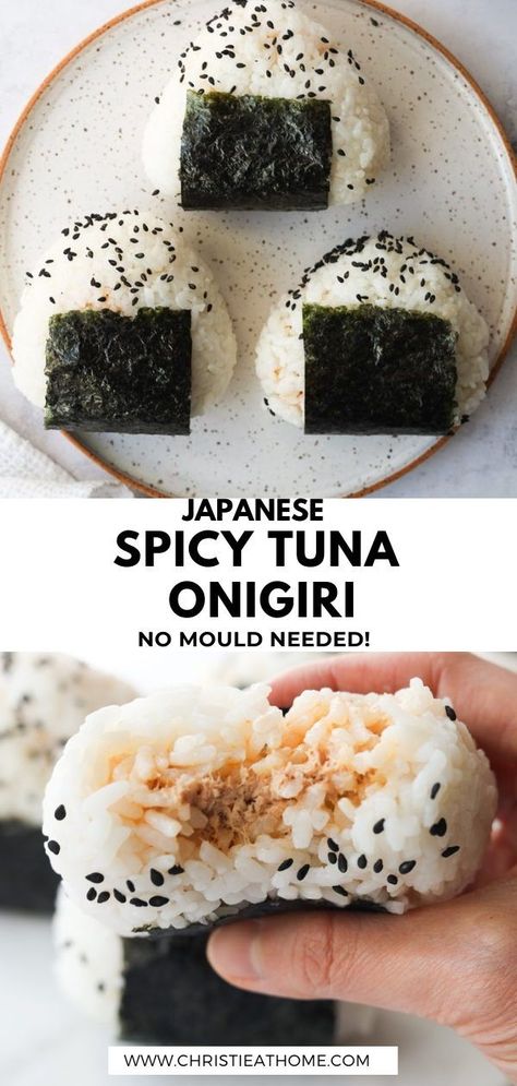 Spicy Tuna Onigiri. Rice balls wrapped in roasted seaweed and stuffed with creamy spicy mayo tuna. A simple and satisfying snack, breakfast, or quick meal on the go. Great as picnic food too! #onigiri recipe filling ideas #how to make onigiri #sushi recipes #how to make rice balls #kewpie mayo recipes ideas #asian recipes #asian food #japanese food #japanese recipe Onigiri Recipe Filling Ideas, Spicy Tuna Onigiri, Tuna Onigiri, Onigiri Recipe, Roasted Seaweed, Onigiri Rice, Kewpie Mayo, Sushi Recipes Homemade, Food Japanese