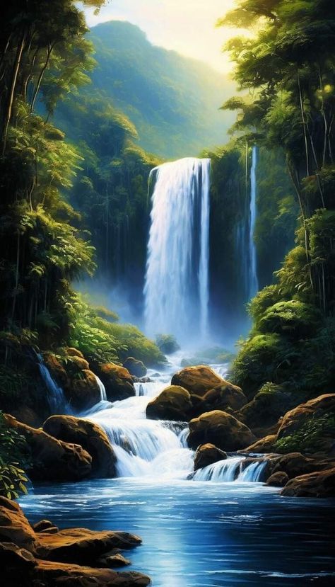 Waterfall Mural, Beautiful Scenery Drawing, Waterfall Paintings, Dark Art Photography, Waterfall Landscape, Mountain Illustration, Mountain Painting, Water Pictures, Canvas Art Projects