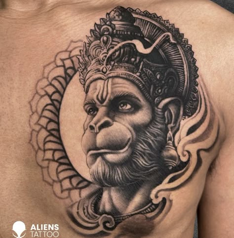 Hanuman Chest Tattoo, Hanuman Tattoo Stencil, Hanuman Tatoos Design, Hanumanji Tattoo Design, Hanuman Tattoo Designs For Men, Hanuman Ji Tattoo Design, Hanuman Ji Tattoo, Hanumanji Tattoo, Rudraksh Tattoo