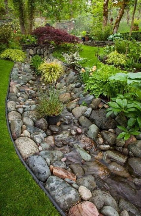 Garden With Rocks, Backyard Rock Garden, Dry River Beds, Dry River Bed, Dry Stream, Yard Drainage, Dry Creek Bed, Dry River, French Drain