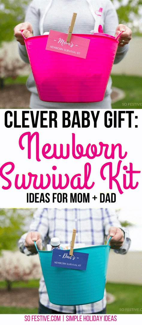 How to Make a Newborn Survival Kit for a Baby Shower Gift! - So Festive! Parent Survival Kit, Newborn Survival, New Mom Survival Kit, Creative Baby Shower Gifts, Mom Survival Kit, Practical Baby Shower Gifts, Survival Kit Gifts, Gifts For Boy, Baby Shower Baskets