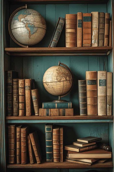 vintage bookshelf with globes Books Art Aesthetic, Home Library Ideas Vintage, Bedroom Bookshelf Ideas Aesthetic, Styling A Small Living Room, Wall Bed Office, Bookcase Decorating, Small Home Library Ideas, Bookcase Decorating Ideas, Nightstand Alternative