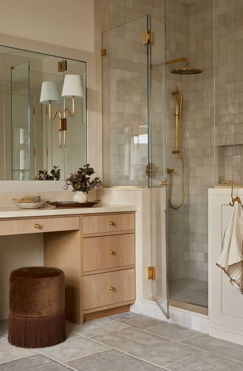 Ashley Montgomery's designs are defined by her signature brand of old-world beauty, reimagined for modern living. She curates each space with storied, contrasting elements, resulting in effortless interiors. This bathroom by Ashley Montgomery features zellige tile, brass fixtures, and a custom millwork vanity. Book a 1:1 video consultation with Ashley Montgomery on The Expert and get personalized interior design advice for your space. Ashley Montgomery Design Bathroom, Vanity Across From Bathtub, Bathroom With Zellige Tiles, Zellige Tile Bathroom Vanity, Arch Digest Bathroom, Alice Lane Bathroom, Shower In Corner Of Bathroom, 7x13 Bathroom Layout, Modern Shower Design Ideas