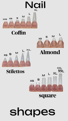 Artificial Nail Shapes, S Size Nails, Nail Length Chart And Shape, Nail Lengths And Shape Chart, Nail Type Chart, Nails Sizes Chart, Nail Sizes Shape Chart, How To Shape Your Nails, Begginer Nails Design