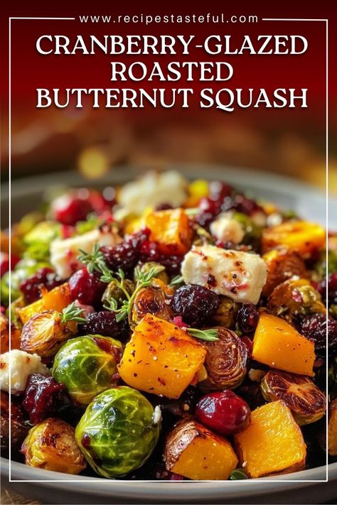 This fall-inspired salad features roasted butternut squash, Brussels sprouts, and sweet potatoes, topped with a tangy cranberry glaze, creamy goat cheese, and extra cranberries for a delightful balance of sweet and savory flavors. Brussels Sprouts And Sweet Potatoes, Butternut Squash Side Dish, Cranberry Glaze, Thanksgiving Vegetable Sides, Sprouting Sweet Potatoes, Roasted Fall Vegetables, Butternut Squash Sweet, Holiday Dinner Recipes, Thanksgiving Vegetables