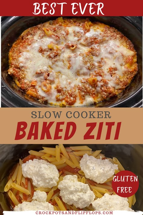 Ziti In The Crockpot, Bake Ziti Crockpot, Gluten Free Pasta Crock Pot Recipes, Crockpot Lasagna Pasta, Crockpot Gluten Free Pasta, Crockpot Ricotta Pasta, Baked Ziti Recipe Crockpot, Baked Ziti In Crockpot Easy Recipes, Crockpot Baked Ziti Easy