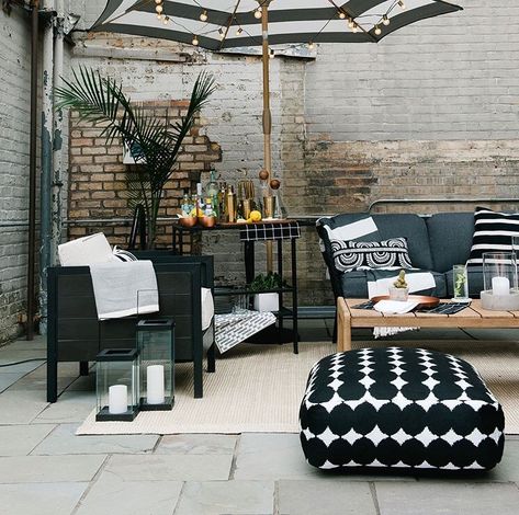 Black and white outdoor decor #target #project62 Backyard Conversation Area, Black And White Outdoor Decor, California Black And White, Outdoor Tile Patio, Backyard Goals, Conversation Area, Outdoor Furniture Ideas, Outdoor Deco, Black Lantern