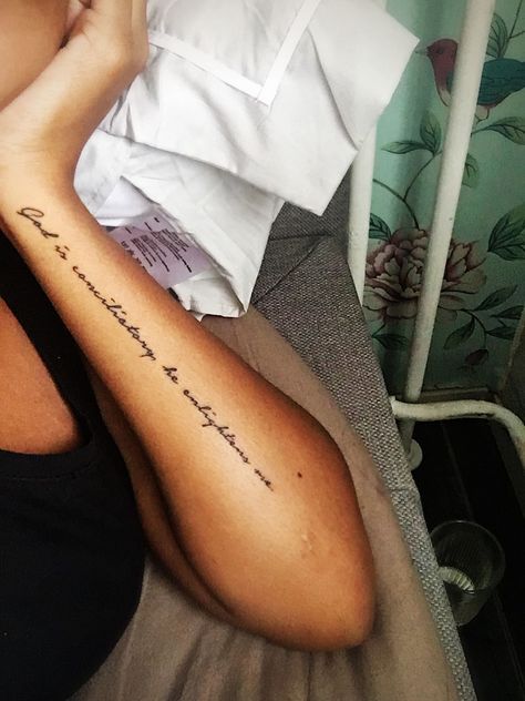 Tattoo Quotes For Women Arm, Tattoos Writing Ideas, Written Forearm Tattoo, Writing Forarm Tattoos, Tattoo Down Arm Quotes, Tattoo Words On Forearm, Written Arm Tattoos, Words Down Arm Tattoo, Arm Tattoos For Women Sayings