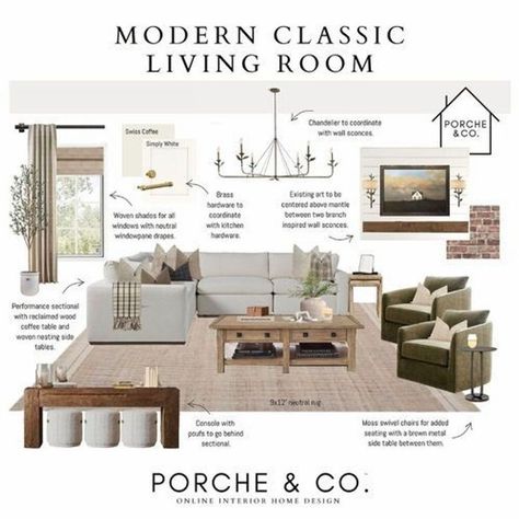 In our blog post, we are sharing the latest trends and living room design mood board ideas. Find out how we integrate neutral living room decor into living room decor while maintaining a modern and timeless appeal with several livingroom layout ideas. Visit the Porche & Co. blog to learn more about living room designs and other room decor updates with modern classic home decor styles. Modern Classic Decor Living Room, Ivory Gray Living Room, Organic Modern Living Room With Grey Couch, Modern Contemporary Living Room Luxury Homes, Modern Southern Living Room, Modern Classic Decor, Modern Comfortable Living Room, Clean Modern Living Room, Modern European Living Room